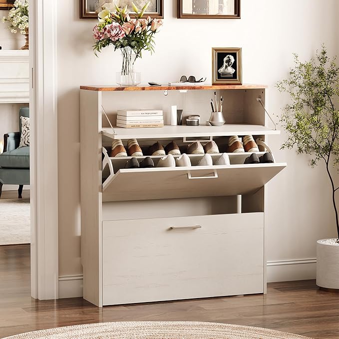 VINGLI Shoe Cabinet for Entryway, Farmhouse Slim Shoe Rack Storage with 3 Flip Drawers, Rustic Brown Top & Washed White Body, Narrow Hidden Shoe Organizer for Hallway, 9.5" Depth