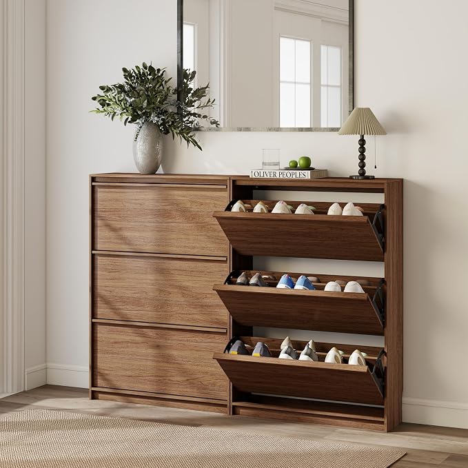 Shoe Cabinet with 3 Flip Drawers, 31.5" W Narrow Shoe Storage Cabinet for Entryway, Slim Shoe Organizer with Adjustable Shelves, Freestanding Shoe Rack for Hallway, Living Room, Walnut