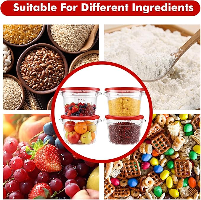 4-Pack Food Storage Containers with Lids,Round Plastic Containers for Kitchen, Food Grade, BPA-Free, Stackable, Clear Red Storage Buckets (Red, 10L)