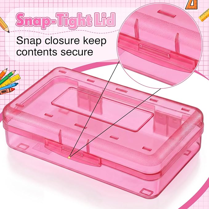 Blulu 6 Pack Large Plastic Pencil Case Box Clear Pencil Boxes Bulk Hard Crayon Box Storage with Snap Lids 8.1 x 4.7 x 2.2 Inch Painting Organizer Classroom Stationery School Supplies (Pink)