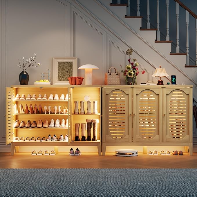 Vlsrka Shoe Cabinet with 3 Doors, Narrow Wooden Shoe Cabinet, Hidden Shoe Storage for Entryway, Foyer, Hallway (Brown C)