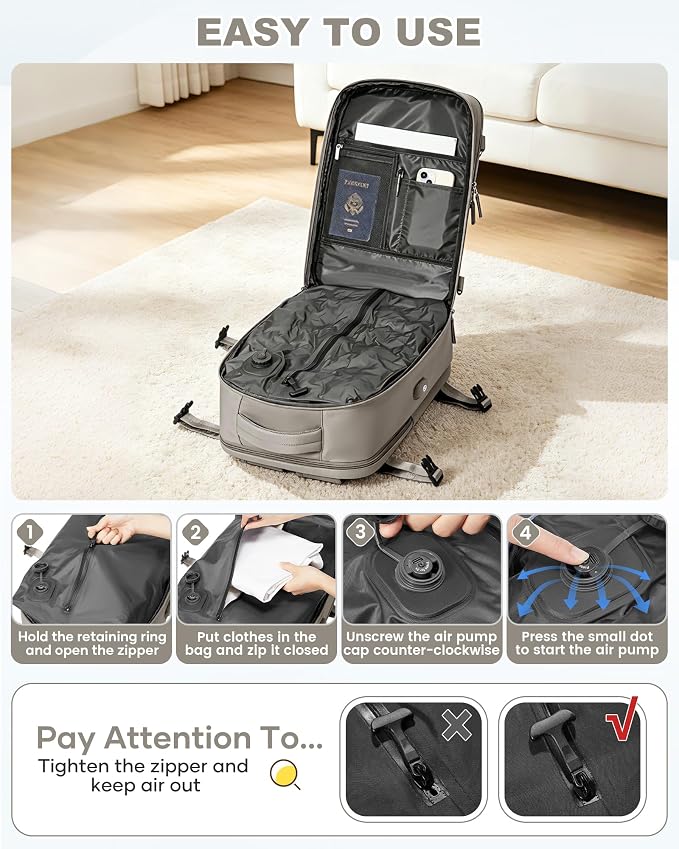 WONHOX Vacuum Seal Backpack for Travel with Air Pump 18x14x8 inches Vacpack Carry on Flight Approved Compression Daypack Laptop Space Saver Bag Storage with Vacuum System Travel Bags Women GreyBrown