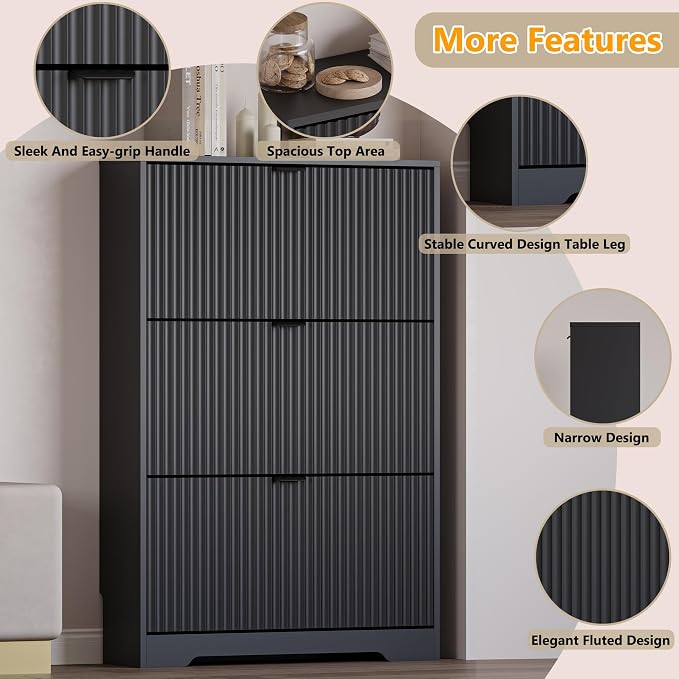 BORNOON Entryway Shoe Cabinet with 3 Flip Drawers, Narrow Shoe Organizer Cabinet with Fluted Panel and Adjustable Shelves for Foyer, Hallway