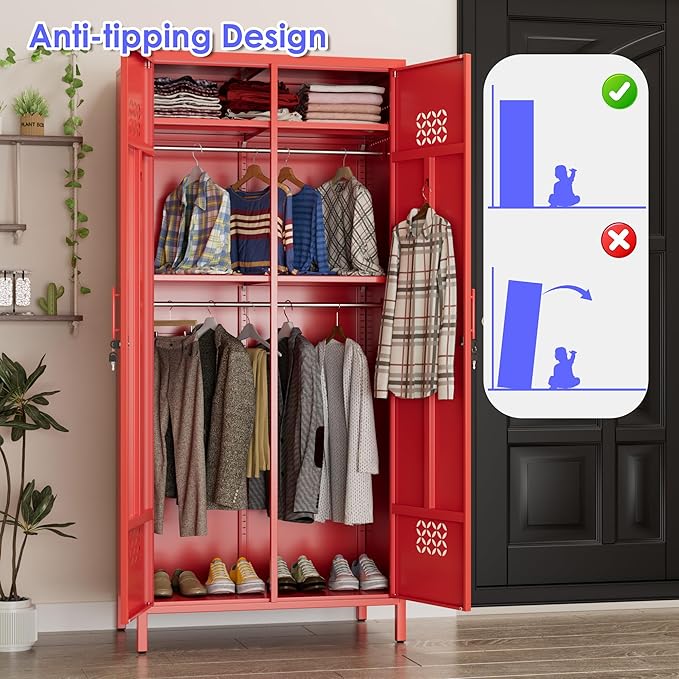 METAN 71" H*33.5" W*20" D Metal Wardrobe Closet with Lock,Extra Deep 2 Doors Metal Wardrobe Cabinet for Home,Assembly Required,Red