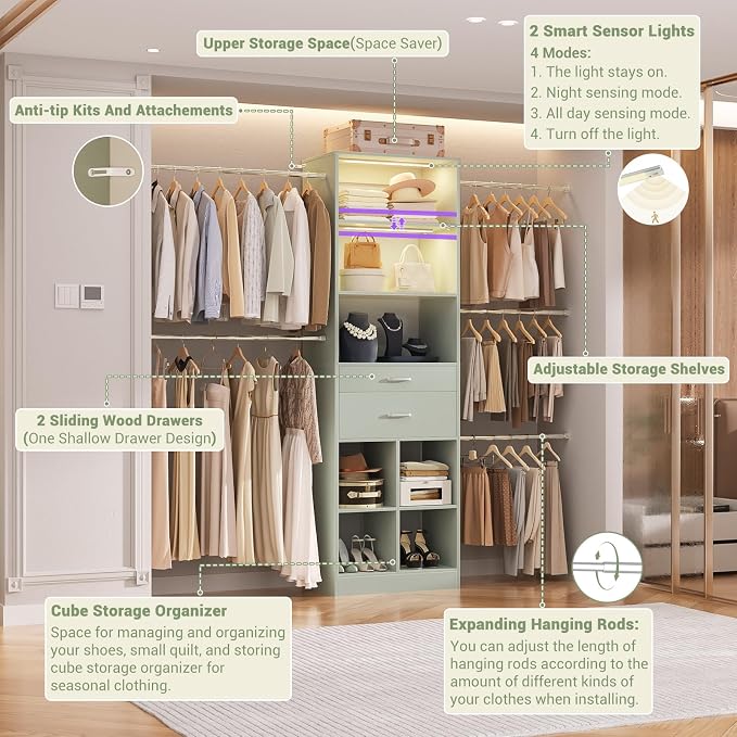 Besiost Closet System, 4-8 FT Closet Organizer System with Smart Sensor Lights, 2 Wooden Drawers and 5 Hanging Rods, Crab Green