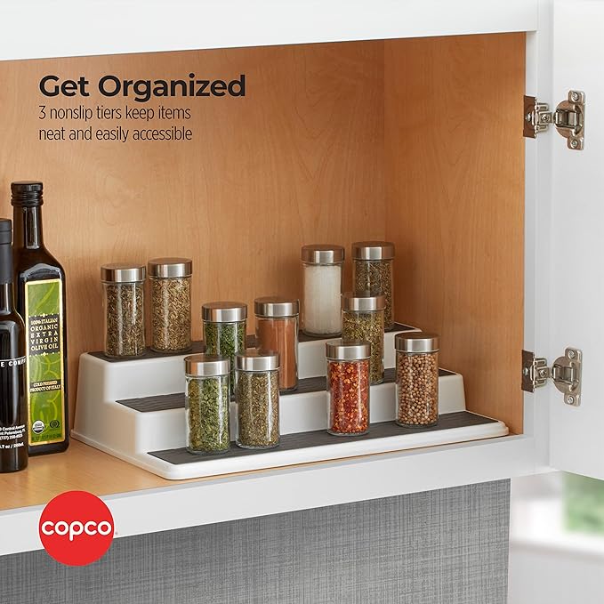 Copco 3-Tier Non-Skid Spice Rack Organizer for Kitchen Cabinet or Pantry, 15-Inch Tiered Shelf, White/Gray, Slip-Resistant Design for Jars and Bottles