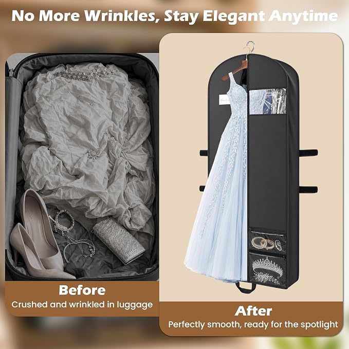 65" Long Garment Bags, Waterproof Travel Dress Bags for Hanging Clothes, Wedding Dress Cover Clothes Protector for Closet Storage, Suitable for Gowns, Tuxedos, Coats, Black