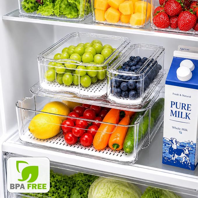 SMRCAD Clear Fridge Bins with Drain Trays - BPA-Free PET, Stackable(8 Pack) | 8 Pack: 1 Drawer + 7 lidded Bins, Helps Keep Produce Fresh, 18.3L Capacity, Hand Wash Only