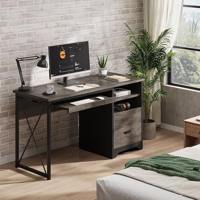 Bestier 47" Office Desk with Drawers, Industrial Computer Desk with Drawer, Reversible Teacher Desk with Storage & Keyboard Tray for Small Space Home Office & Studio, Gray Wash | 47 Inch Desktop With File Drawer, Open Storage, Keyboard Tray And Reversi...