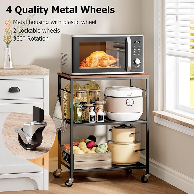 Homleke 3-Tier Rolling Kitchen Microwave Cart, Utility Cart | Coffee Bar Table Station with 6 Hooks, Small Appliance Storage Shelf, Rustic Brown and Black