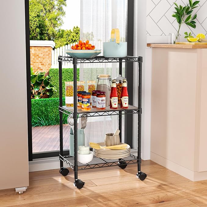 Golpart Small Shelves Storage Wire Metal Adjustable Shelf Unit with Wheels | 3 tier Shelving Organizers Storage Shelving for Bathroom Laundry Room Kitchen Pantry 11.7”D x 17.7”W x 30.7”H Black