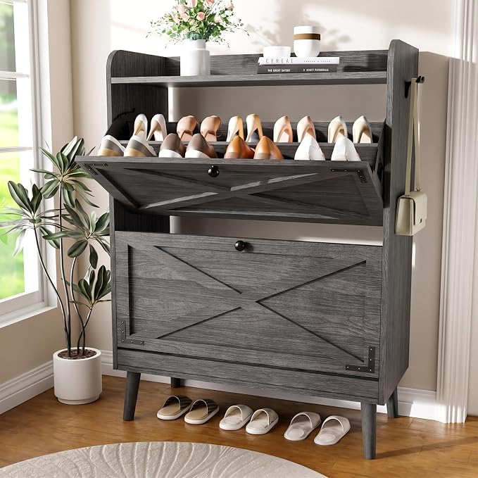 YZ HOME Shoe Storage Cabinet with 2 Flip Drawers, Entryway Shoe Cabinet with 2 Metal Hooks & Adjustable Shelves Freestanding Shoe Organizer Narrow Shoe Rack for Entrance Hallway Foyer Front Door