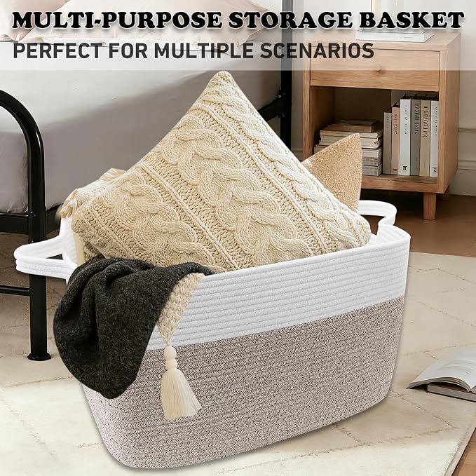 96L XXXLarge Woven Laundry Basket with Sturdy Handles - White/Brown | 24x16x15 Foldable Rectangular Blanket Basket for Toys, Clothes & Pillows,Ideal for Nursery, Bathroom, Bedroom, Living Room