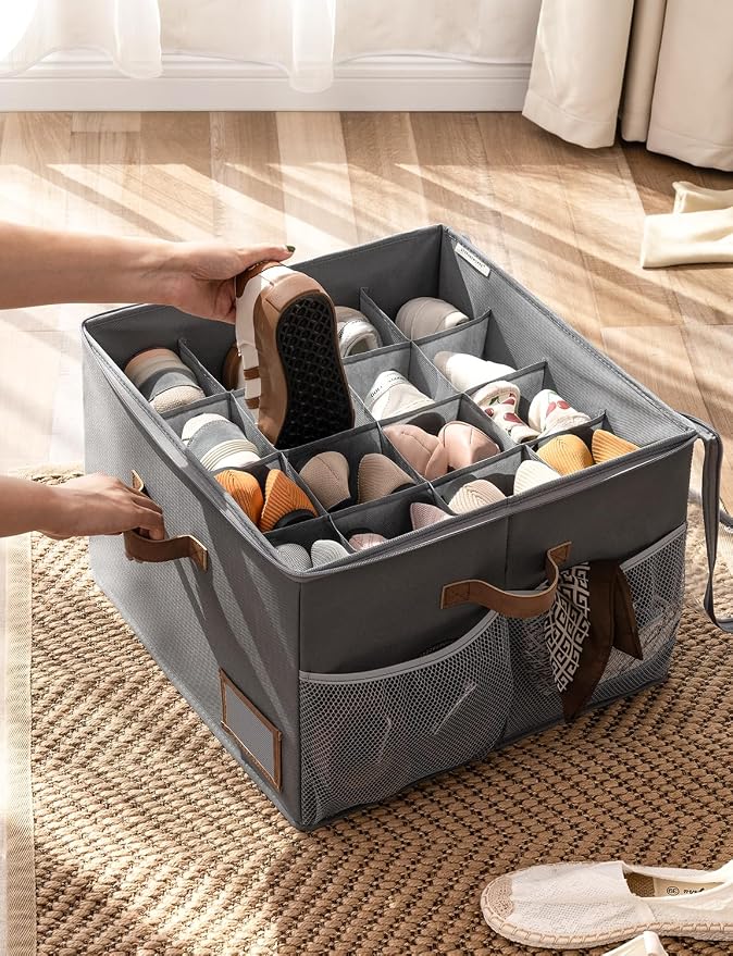 StorageWorks Fabric Shoe Storage Organizer for Closet, Up to 16 Pairs, Gray | Fixed Compartments, Clear Lid & Label Window, Side Mesh Pocket for Accessories, Soft Handles, Fits Flats, Sandals & Low-Tops