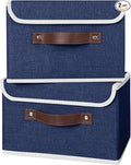ANMINY 2PCS Storage Bins with Lid PU Leather Handles Storage Boxes PP Plastic Board Decorative Foldable Lidded Cotton Linen Fabric Home Cubes Baskets Closet Organizer Containers - Blue, Small Size