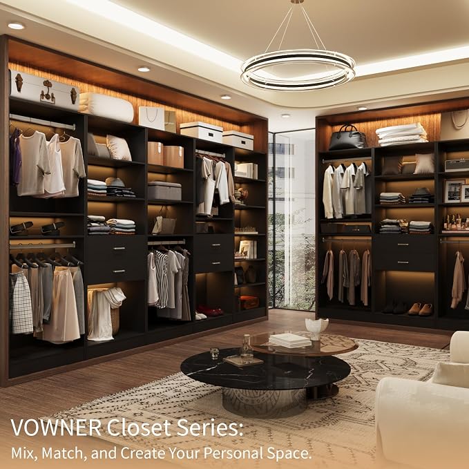 VOWNER 25'' Closet Organizer System Small Freestanding Closet System | 6 Adjustable Shelves, 2 Hanging Rod, Black Modular Closet System for Small Closet, Space-Saving, Easy Assembly