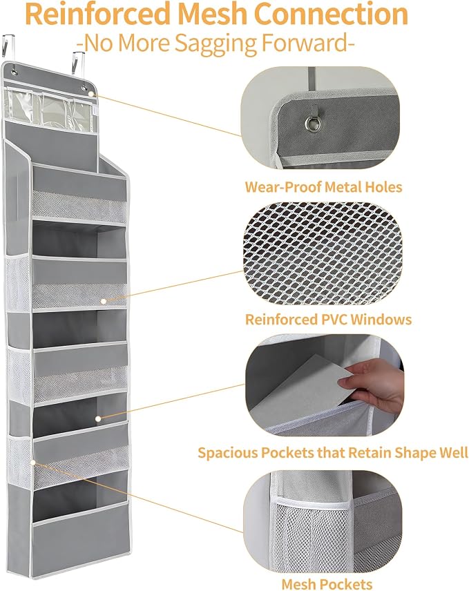 Over the Door Organizer, Door Storage Organizer with Large Capacity Pockets, Hanging Shelves for Bedroom, Closet, Dorm, Pantry (Grey, 5-Tier)