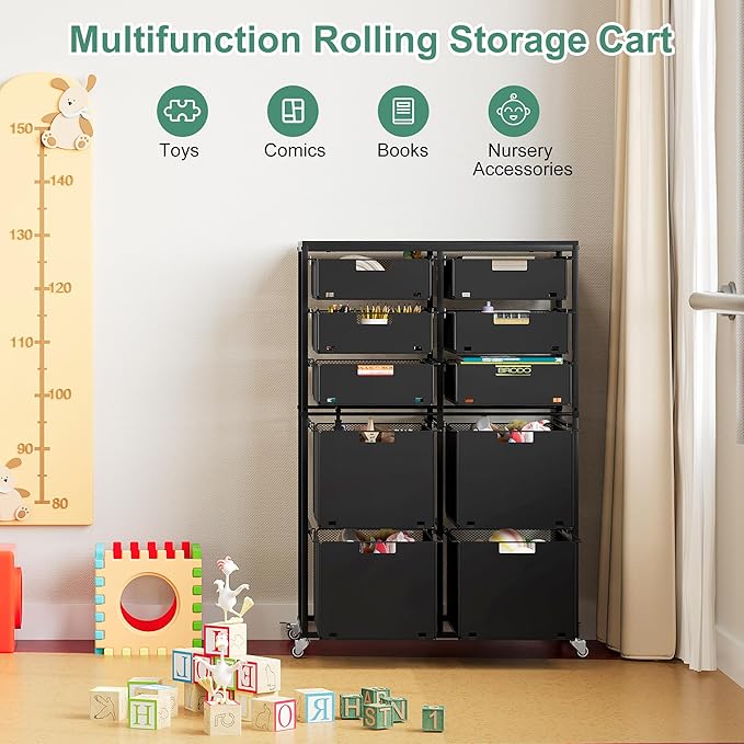 EasyPAG Rolling Storage Cart With 10 Drawers, Metal Craft Organizers And Storage Cart With Wood Tabletop, 30 Lbs Capacity Per Drawer For Home Office Classroom And Dorm, Black