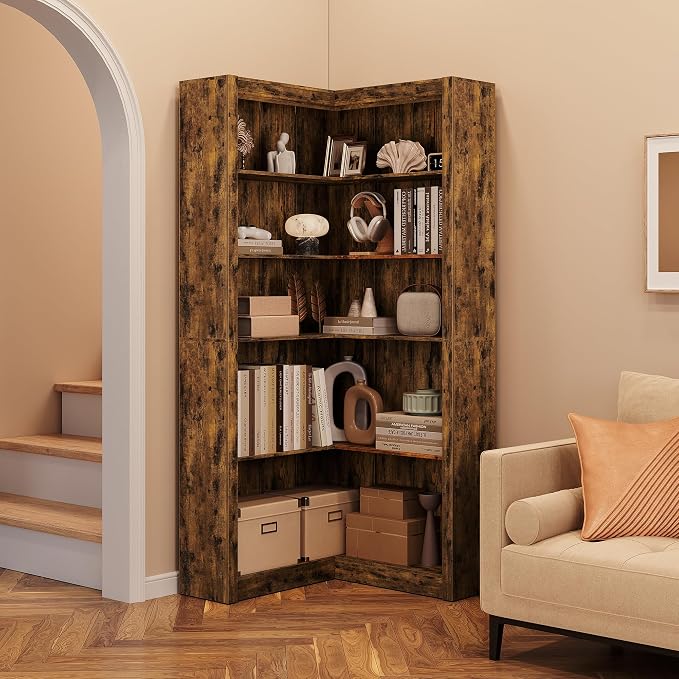 GarveeHome Corner Bookshelf, 71.8 in Farmhouse Corner Bookcase, L-Shaped Bookshelf Large Bookcase, 5 Tier Display Shelf Heavy Duty Bookcases, Bookshelves with Storage
