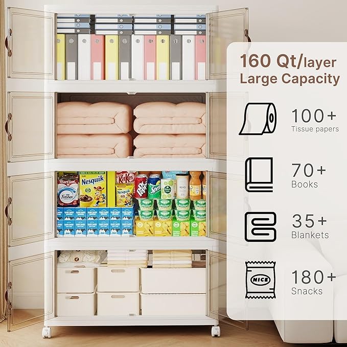 800QT Extra Large Stackable Storage Bins with Lids & Wheels & Door, 200Gal Foldable Collapsible Closet Organizers, Plastic containers drawers for bedroom Dorm