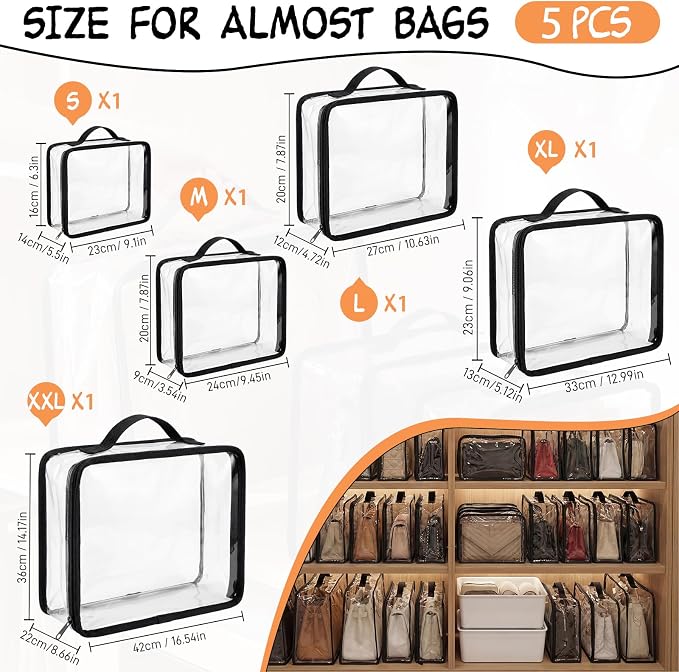 Hsei 5 Clear Dust Bags For Handbags 5-Sizes Fits Mini Wallets Oversized Tote Bags PVC Waterproof Purse Storage Organizers for Luxury Bag Soft Stand-Up with Zipper Handle for Closet Hanging