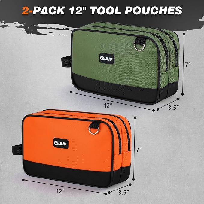 12" Tool Bag Small 2-Pack, Divider Zipper Pouch, Carry Tool Box Organizer | Waterproof, Heavy-duty Oxford, Smooth Zipper, Handle & D-Ring, Storage Case for Car Work Tool. Electrician Gift, Orange/Green