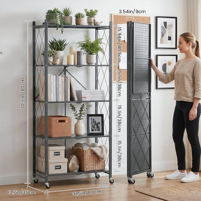DEANIC 70.7" Tall Extra Large 5-Tier Folding Storage Shelf with Wheels, No Assembly Collapsible Metal Rack with Leveling Feet for Garage, Pantry, Basement, Vendor Display, Kitchen(Gray,1 Pack)