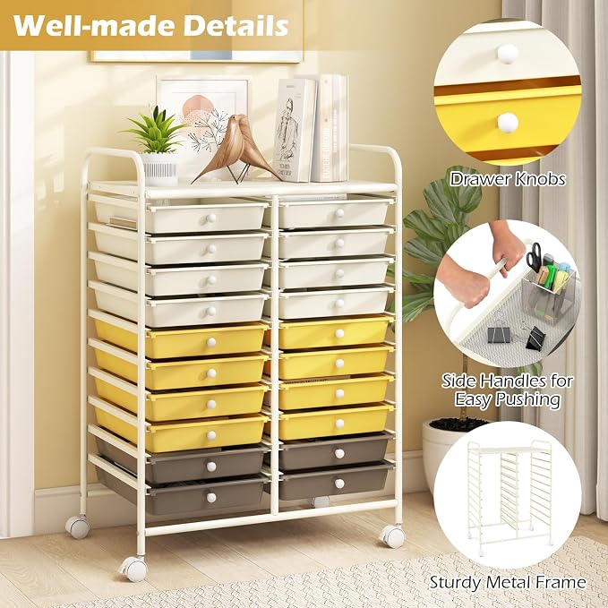 LDAILY 20-Drawer Rolling Storage Cart, Rolling Storage Cart, Storage Organizer on Wheels, Metal Frame, Scrapbook Paper Tools, Suitable for Office School, Classroom (Yellow, 20 Drawer)