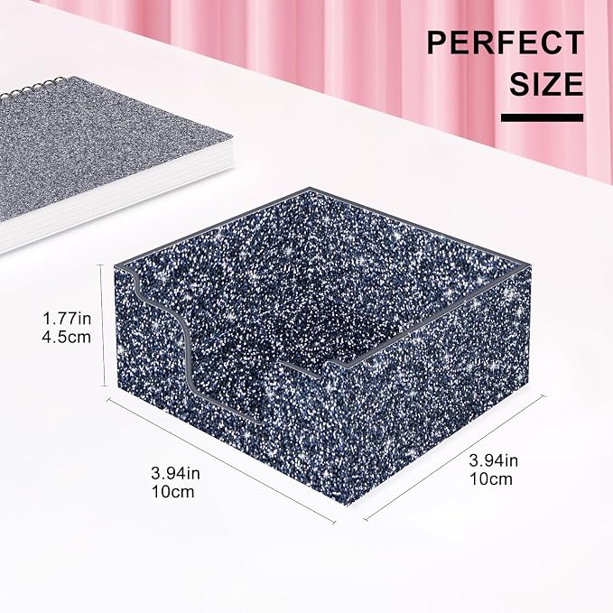 Rouidr Acrylic Sticky Note Holder, Self Stick Note Pad Holder, Dark Gray | 3.94 x 3.94 Inch Glitter Memo Pad Dispenser Organizer for School Office Home Desk Supplies