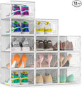 Snaxo 12 Pack X-Large Clear Shoe Storage Boxes, Stackable Modular Plastic Shoe Organizer Front-Opening Door, Ventilated Dust-Proof Sneaker Display Cases Closet and Entryway, White