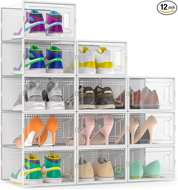 Snaxo 12 Pack Large Clear Shoe Storage Boxes, Stackable Modular Plastic Shoe Organizer Front-Opening Door, Ventilated Dust-Proof Sneaker Display Cases Closet and Entryway, White