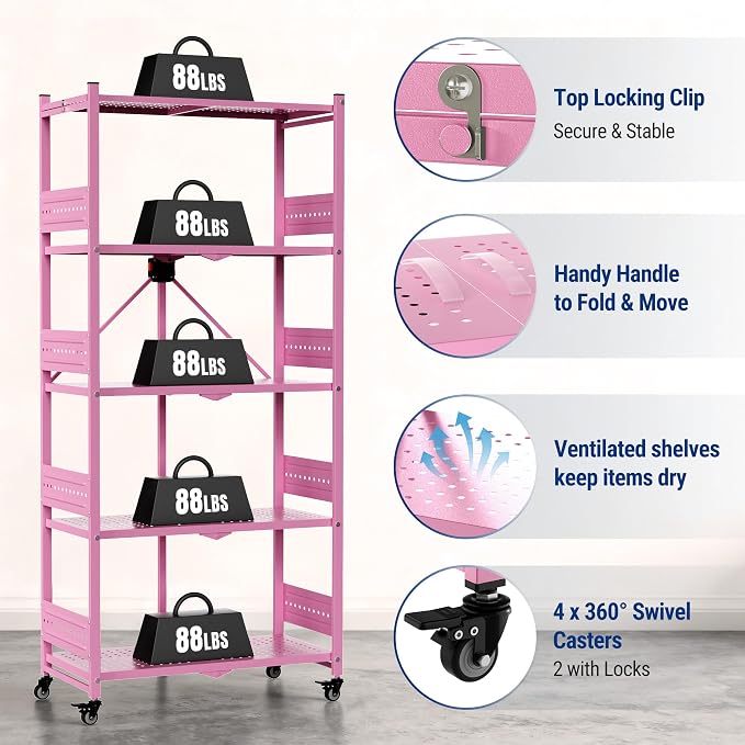 WORKPRO 5-Tier Folding Shelf, No-Assembly Metal Storage Rack with Wheels, 750 lbs Capacity (with Leveling Feet), Collapsible Shelving Unit for Kitchen, Pantry, Closet & Craft Shows - Pink
