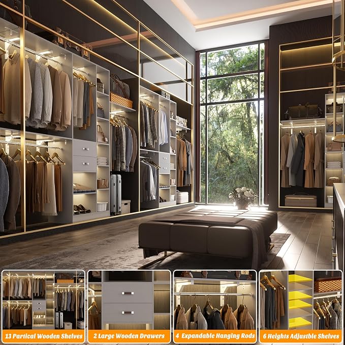 Armocity 8FT Heavy Duty Wood Closet System, 1500 LBS+ Capacity Wall Mounted Walk-in Closet Organizer with 2 Drawers & 4 Hanging Rods, 96'' Custom Bedroom Storage Wardrobe, Grey