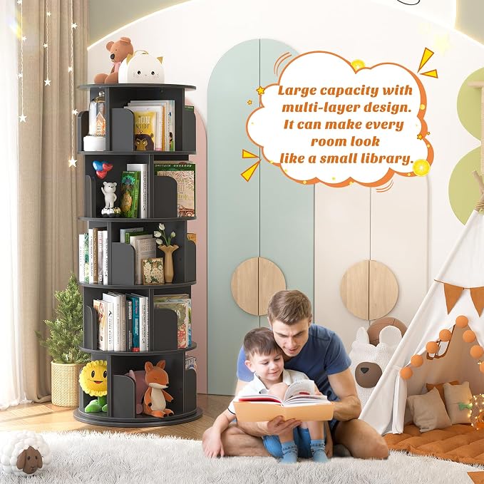 Aheaplus 5 Tier Rotating Bookshelf, Wood Spinning Bookshelf Tower, Round Revolving 360 Bookcase, Narrow Turning Book Shelf Rolling Corner Organizer for Small Space, Bedroom, Office, Black