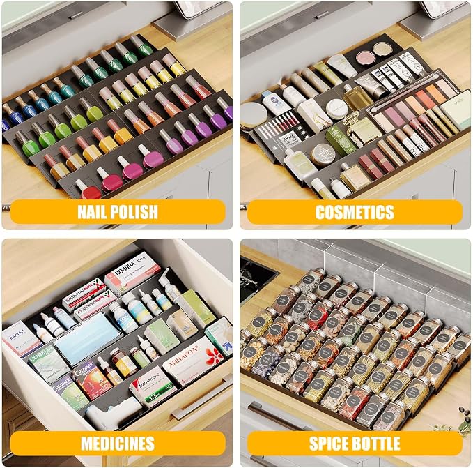 Famhap Spice Drawer Organizer Expandable 8 Tier for 11.6"-23.2" Wide Drawer | Durable Plastic, Slanted Seasoning Drawer Organizer, Use for Kitchen Spices Cosmetics