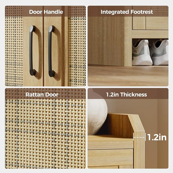 Mericonia Shoe Cabinet Storage for Entryway, Natural Rattan Shoe Storage Cabinet, Wooden Shoe Rack Cabinet, Farmhouse Boho Wood Shoe Organizer Cabinet for Hallway