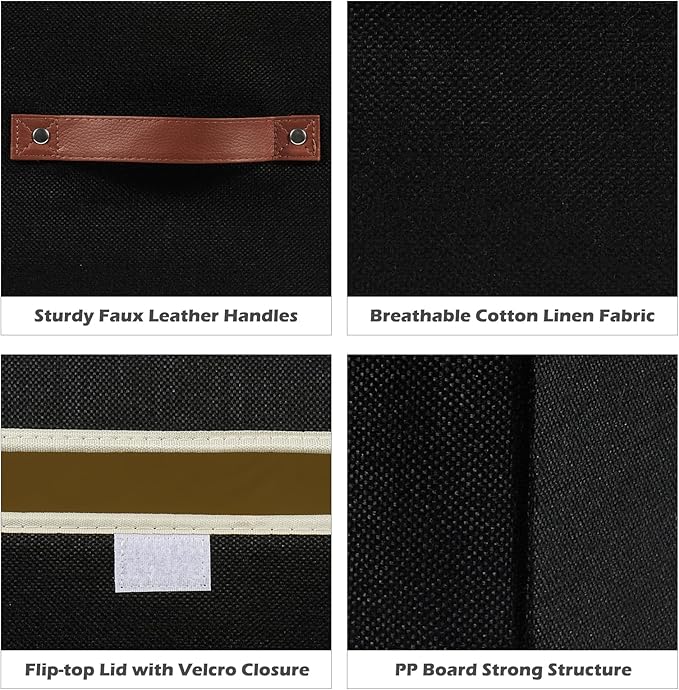 Storage Boxes with Lid Cotton Linen Fabric Storage Bins Organizer Container Decorative Collapsible Washable Shelf Baskets Faux Leather Handles for Home Bedroom Closet (Black, Small Size)