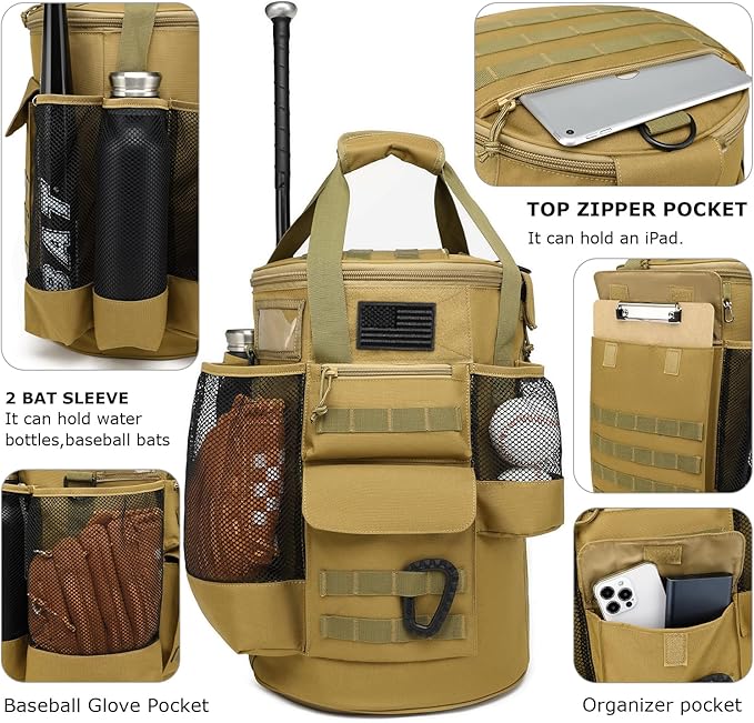 Baseball Bucket Bag Baseball Coaching Accessories Organizer Tactical Style Softball Bucket Bag with Anti-Slip Bottom, Multiple Pockets for Bat, Gloves, Scoreboards