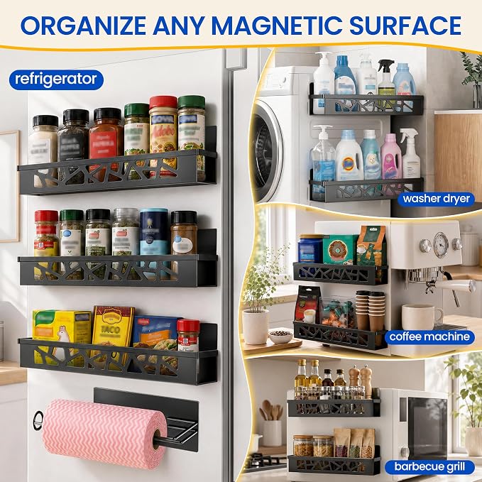 Magnetic Spice Rack with Paper Towel Holder,4 Pack refrigerator organizer | Space Saving Fridge Shelf Storage,No Drill,Storage Spices, Snacks & Kitchen Essentials,Small Kitchen,Apartment or RV