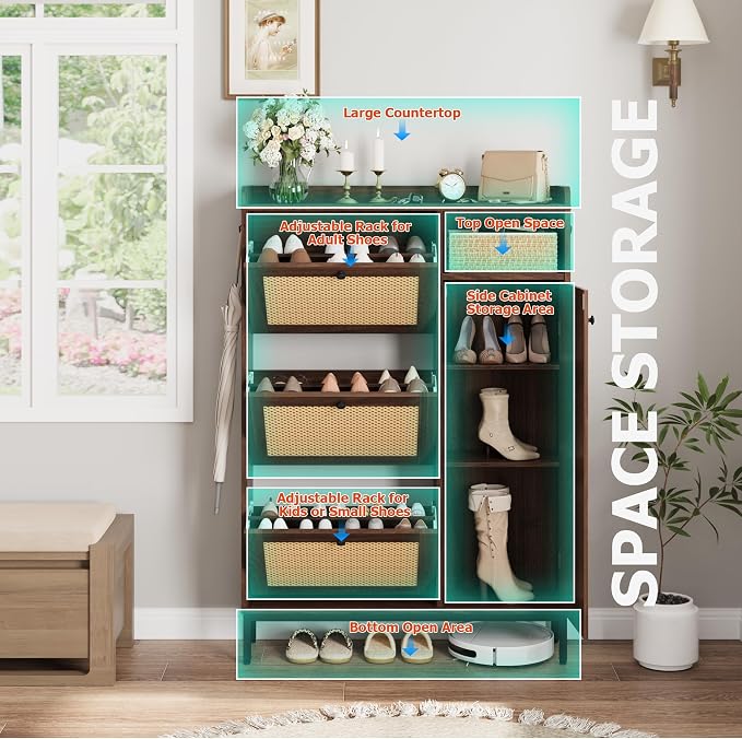 GarveeHome Shoe Cabinet Rattan with 3 Flip Drawers and 4-Tier Shoe Storage Cabinet, Freestanding Shoe Organizer with Adjustable Shelves for Entryway, Closet, Hallway