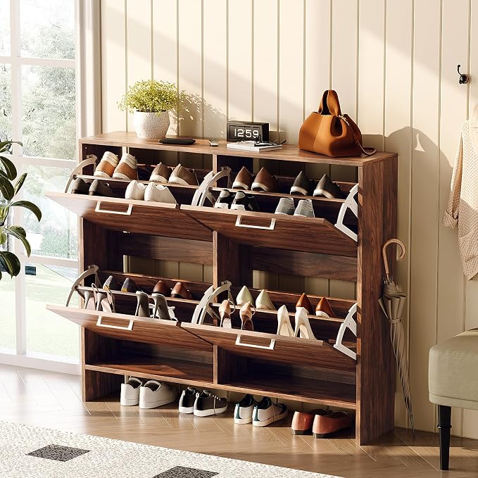 VINGLI Walnut Shoe Cabinet for Entryway, Slim Rustic Shoe Storage Cabinet with 4 Flip Drawers, Mid-Century Modern Wood Shoe Rack Organizer, Narrow Farmhouse Cupboard, Dark Brown, 42 Inch