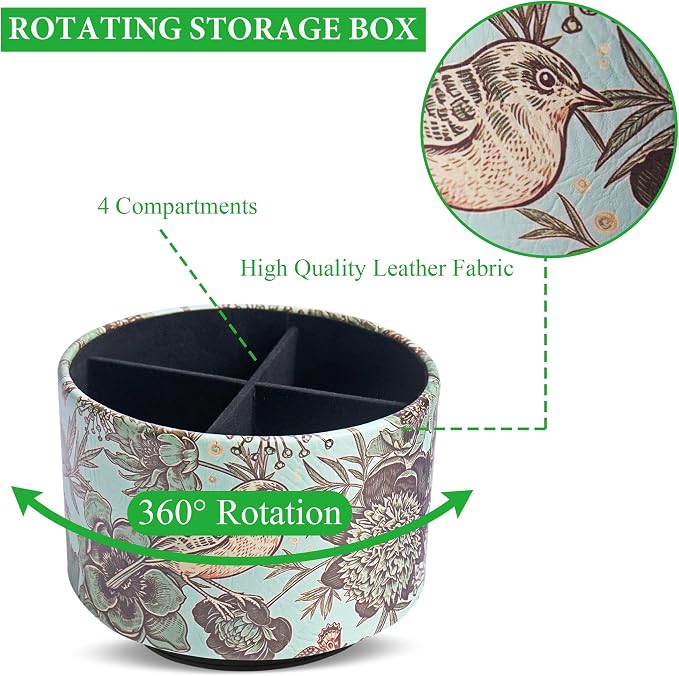 Round Leather Art Supply Organizer,Remote Control Holder,360 Degree Spinning,Multi-Functional Pencil Holder,4 Compartments Desktop Stationary Organizer(1-Green Bird)