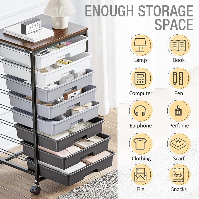 Rolling Storage Cart with 8 Drawers, Utility Cart on Wheels with Wooden Tabletop, Utility Cart for Teacher Storage, Office Organizer, Classroom Storage Cart, Craft Storage, Grey