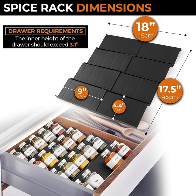 ALCOVA Expandable Spice Drawer Organizer 9-18" Black (Jars Not Included) | Expandable Spice Drawer Organizer, Spice Rack, Seasoning Organizer