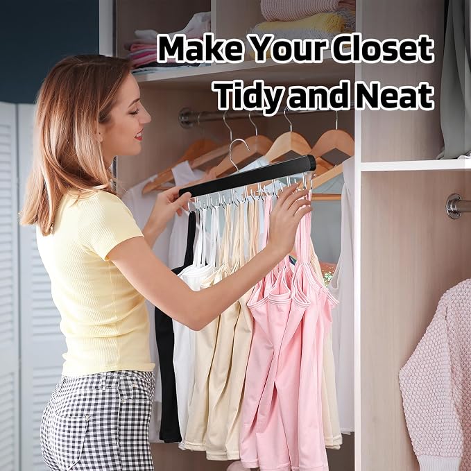 NECAMOCU 2 Pack Bra Hanger for Closet Organizer, Premium Tank Top Hangers | Black Wooden Bra Holder with 36 Foldable Hooks, 360° Rotating Design, Space Saving Storage for Tank Tops, Bras, Belts