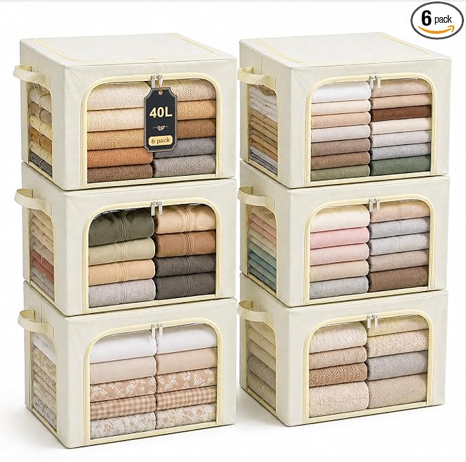 GoMaihe 3 Opening Clothes Storage Bins with Metal Frame, 40L Sweater Storage Organizer for Upper Shelf Closet Storage Boxes with Clear Window for Hoodies Jeans Towel 6-Pack Beige