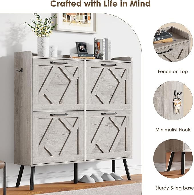 Nicetree Shoe Cabinet with 4 Flip Drawers, Freestanding Shoe Organizer Cabinet, Farmhouse Narrow Shoe Storage Cabinet for Entryway, Foyer, Hallway