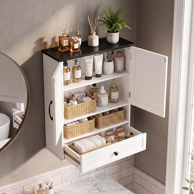 Farmhouse Bathroom Wall Cabinet, 30" x 24" Wall Mounted Storage Cabinet with Barn Door and Drawer, Over Toilet Bathroom Organizer for Bathroom, Laundry Room