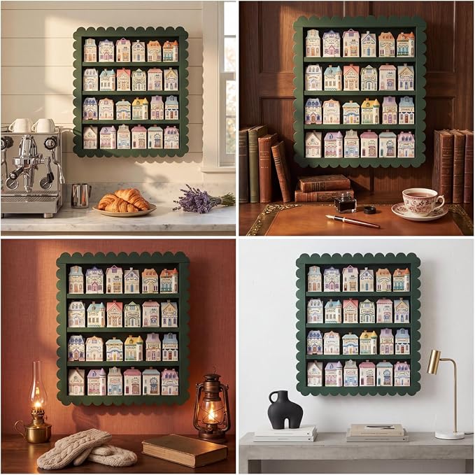 Chunful Spice Jar Wooden Rack Dark Green Scalloped Spice Shelf for 24 Jars, Village Style Wall Mounting Kitchen Storage Decorative Hanging Display Rack, Shelf Only