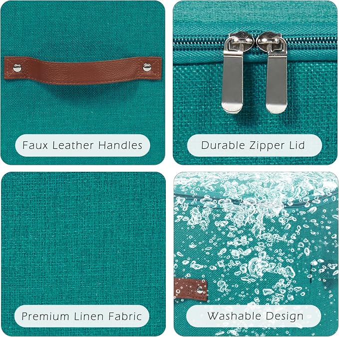 2 Pack Storage Bins with Zipper Lid Cotton Linen Fabric Lidded Storage Baskets Boxes Foldable Washable Closet Shelf Clothes Organizer Container with PU Leather Handles (Teal Blue, Large)
